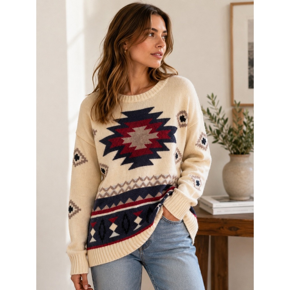 American Eagle Southwestern Geometric Wool Blend Crew Neck Sweater Cream Large